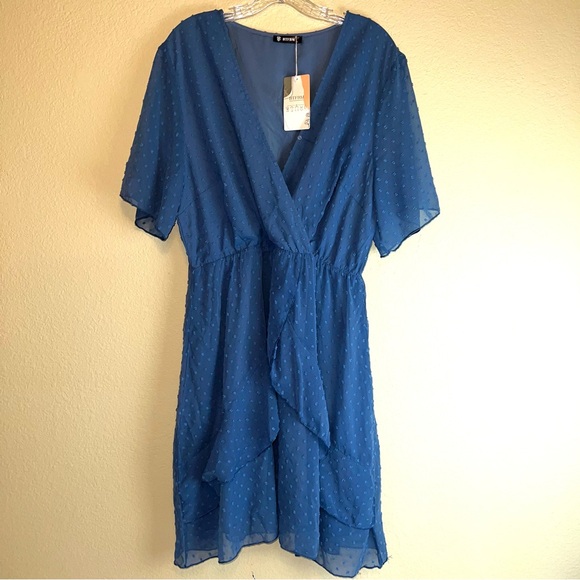 BTFBM Polka Dot Ruffle Surplice V-Neck Short Sleeve Dress In Teal NWT Sz XL - Picture 1 of 15